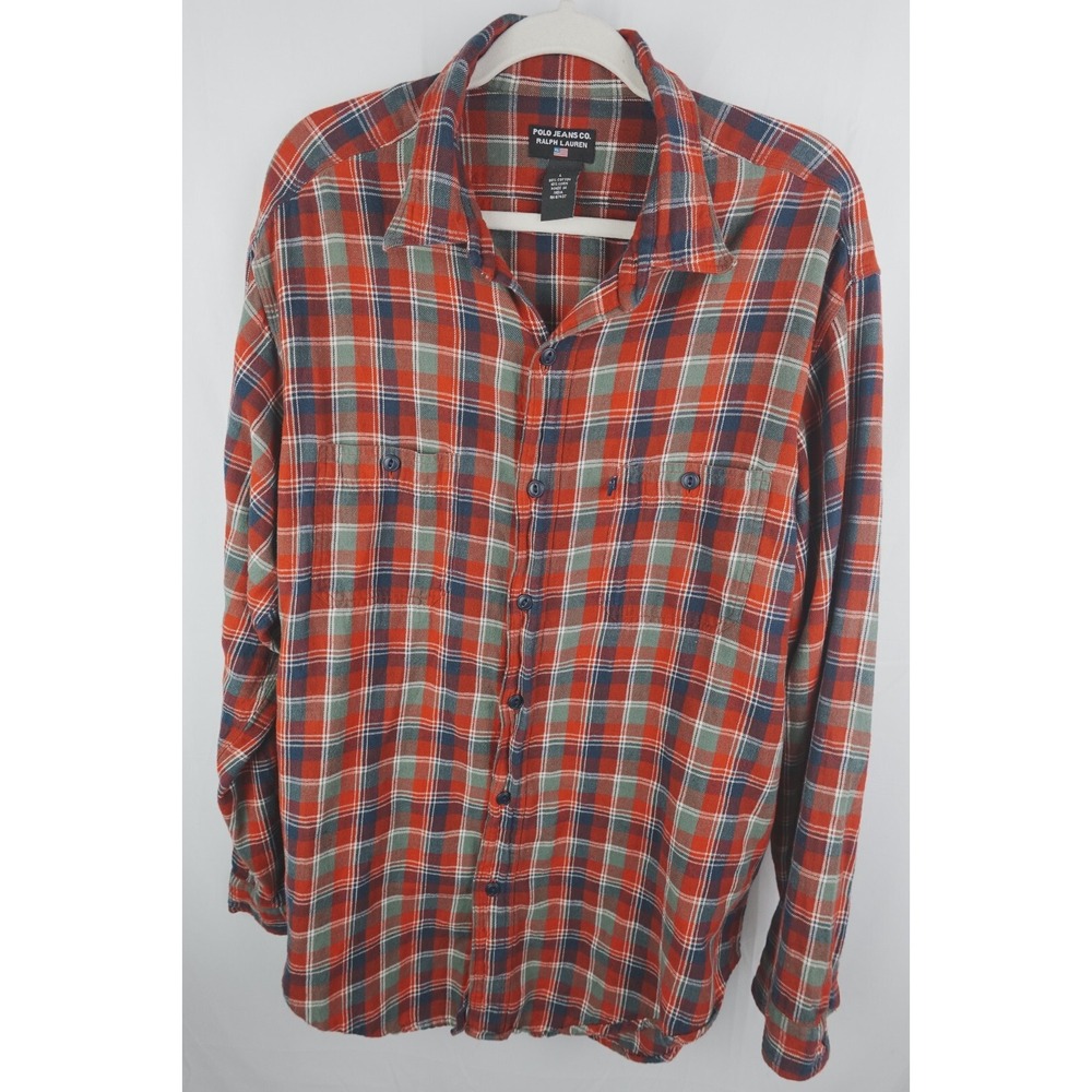 Vintage Polo Jeans Co Ralph Lauren Flannel Shirt L Red Green Plaid Long Sleeve